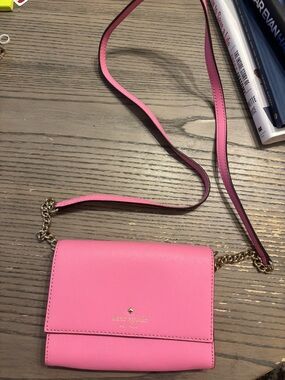 kate spade Bright Pink Leather Crossbody Wallet with Gold Chain
